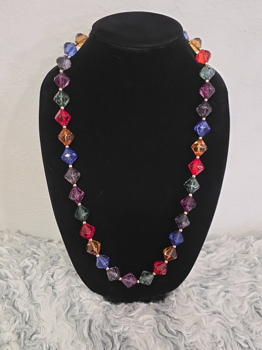 Vintage Acrylic Bicone Beaded Necklace Large Multicolored Crackled Style Strand